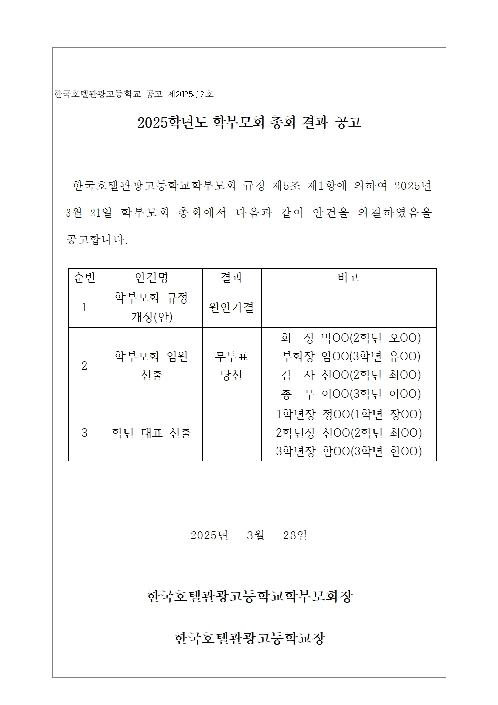 2025학년도 학부모회 총회 결과 공고문(2025. 3. 28.)001