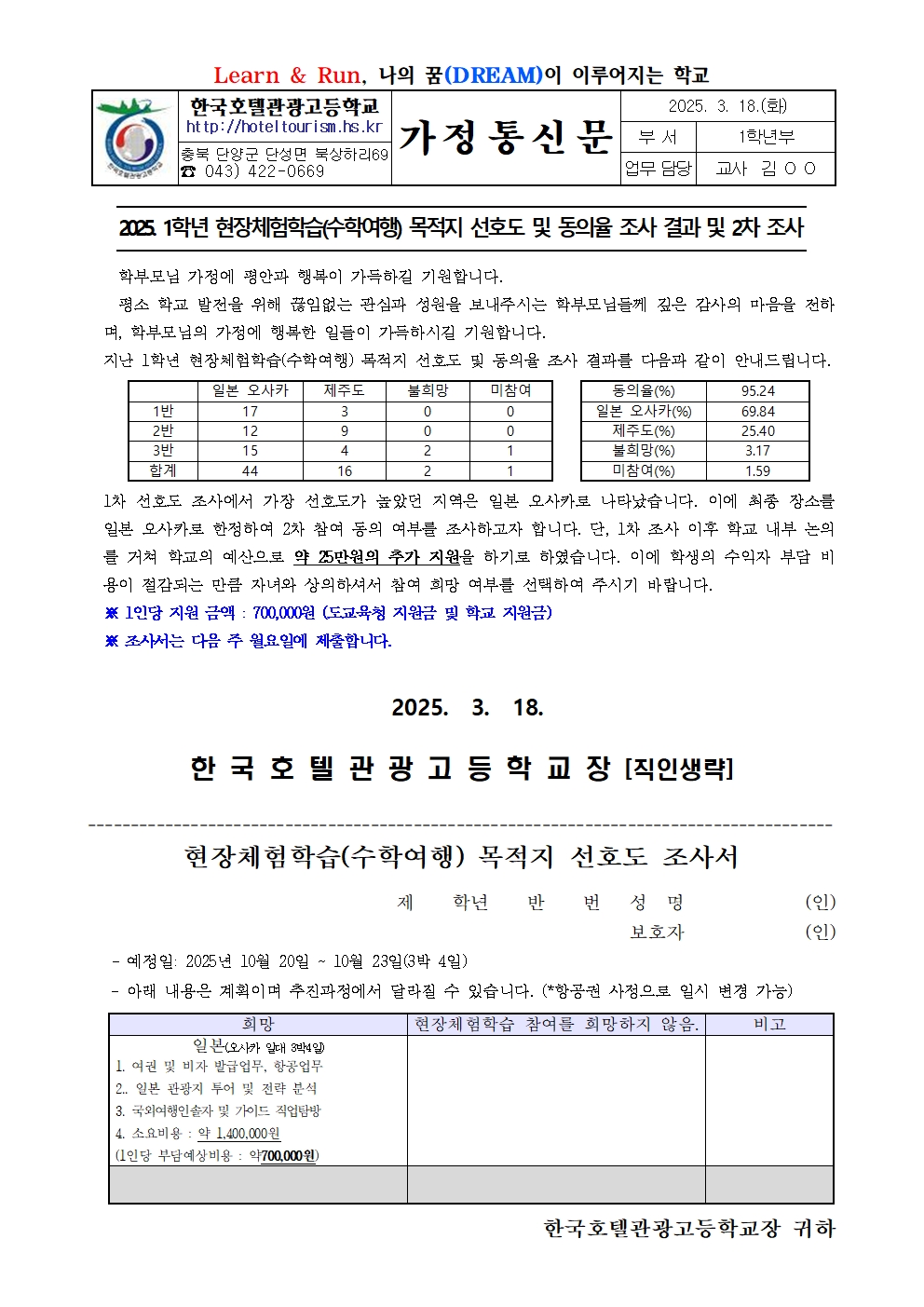 2025. 1학년 현장체험학습(수학여행) 목적지 선호도 및 동의율 조사 결과 및 2차 조사001